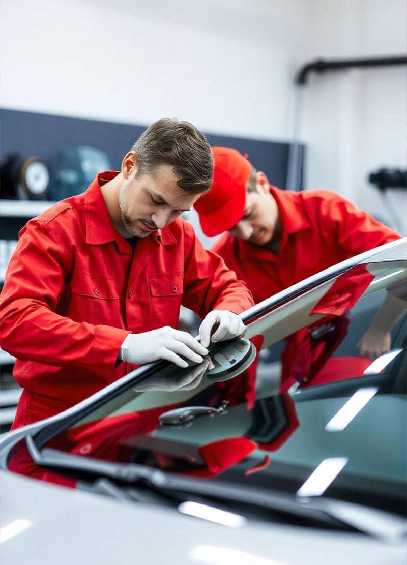 Technicians in red uniforms replacing a windshield in an auto repair shop, highlighting Swift Collision's auto glass services and expertise.